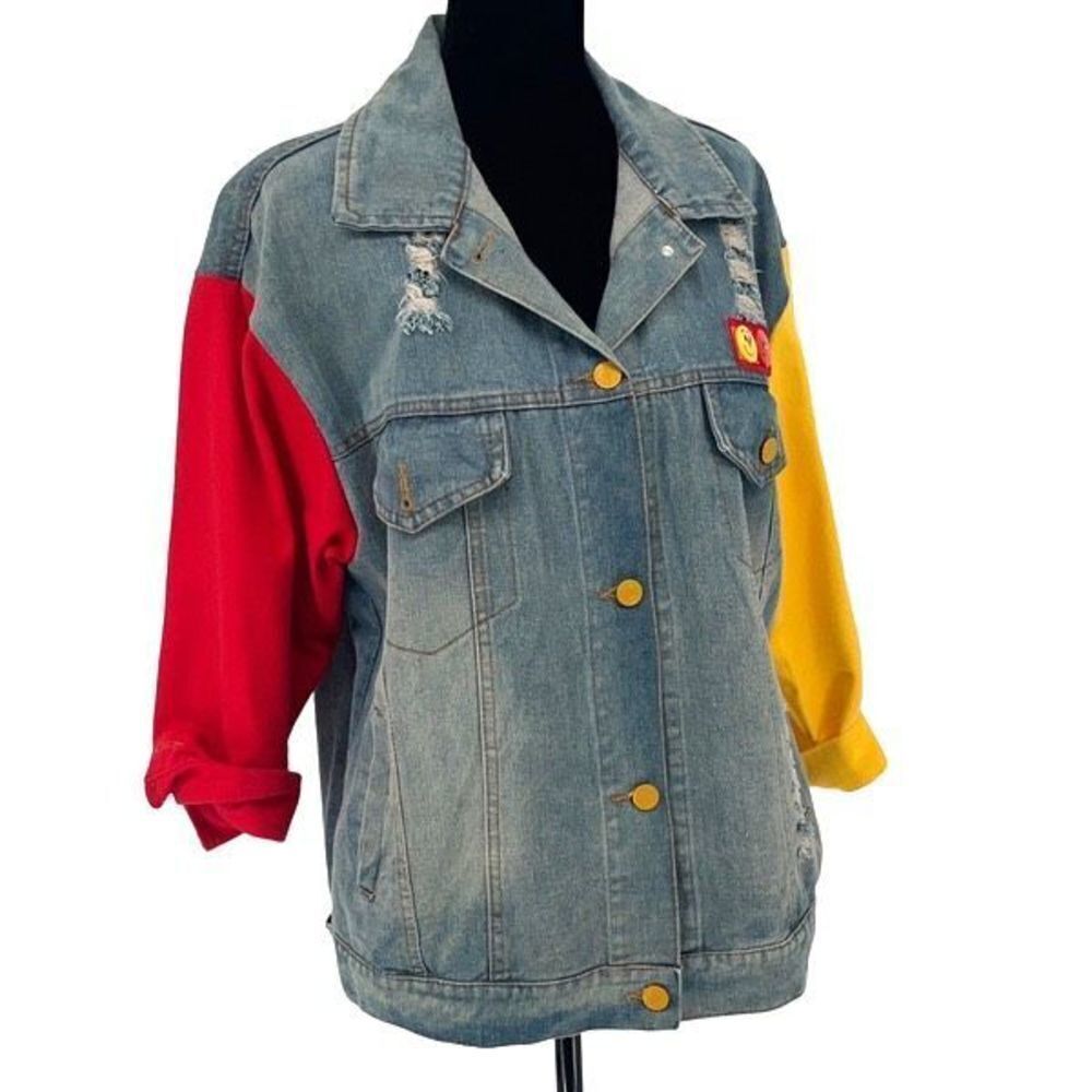 HOME‎ Trendy Denim Distressed Jacket Colorblock Sleeves Size Large